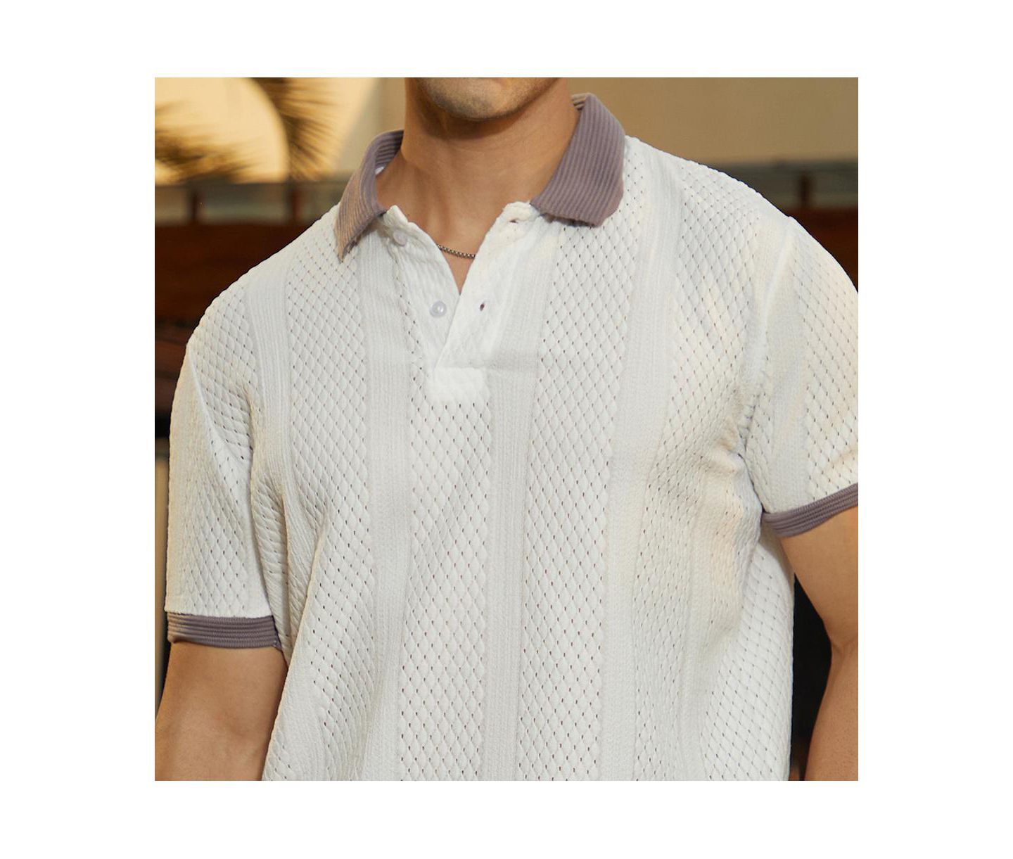 Мужская футболка Cahoot Campus Sutra Chalk White and Pastel Purple Contrast Open-Knit Polo, цвет: Белый — фото 6