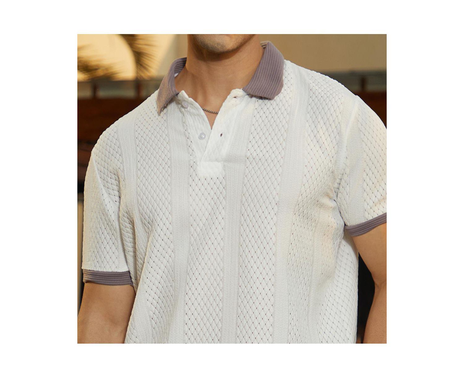 Men's Chalk White and Pastel Purple Contrast Open-Knit Polo T-Shirt