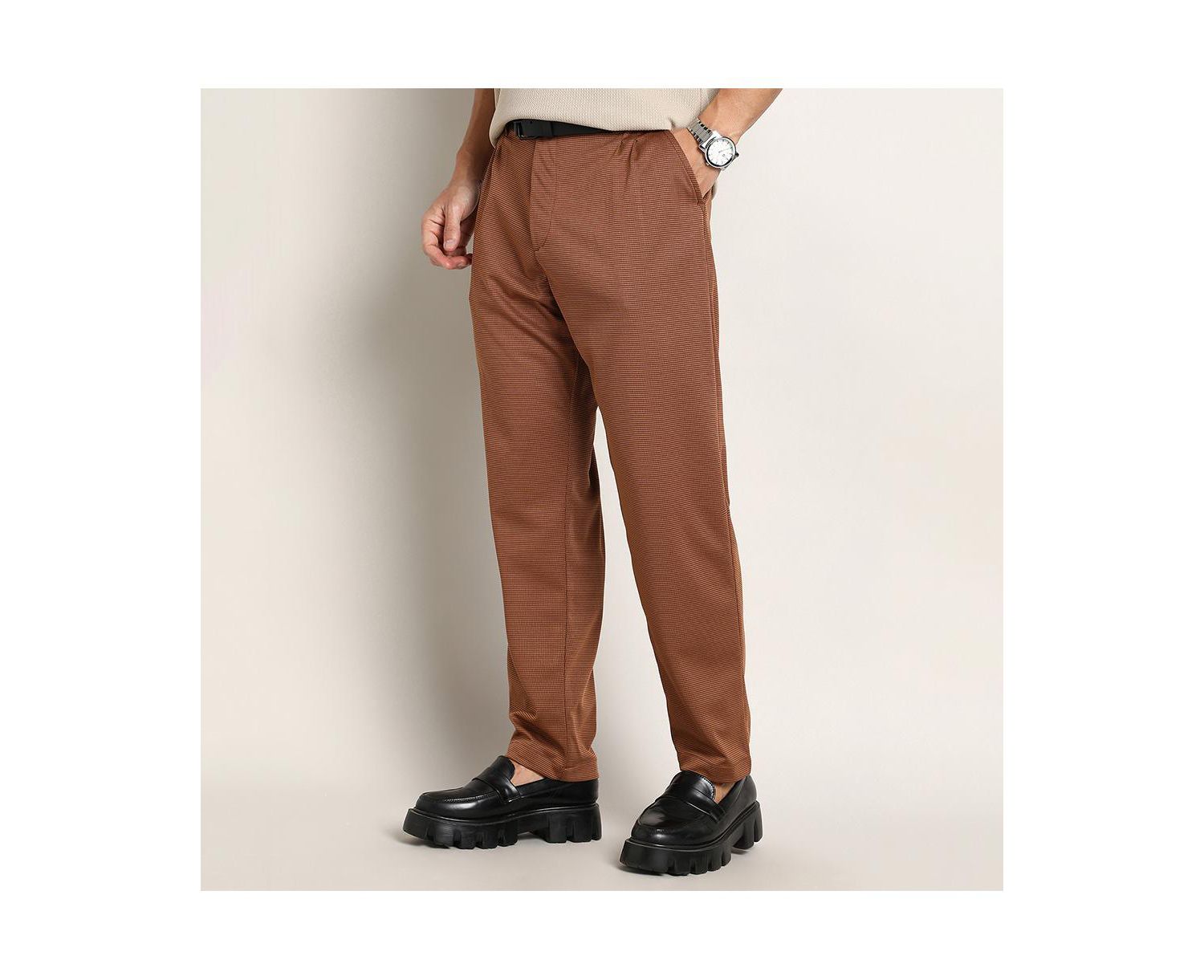 Men's Russet Brown Micro-Check Chino Trousers