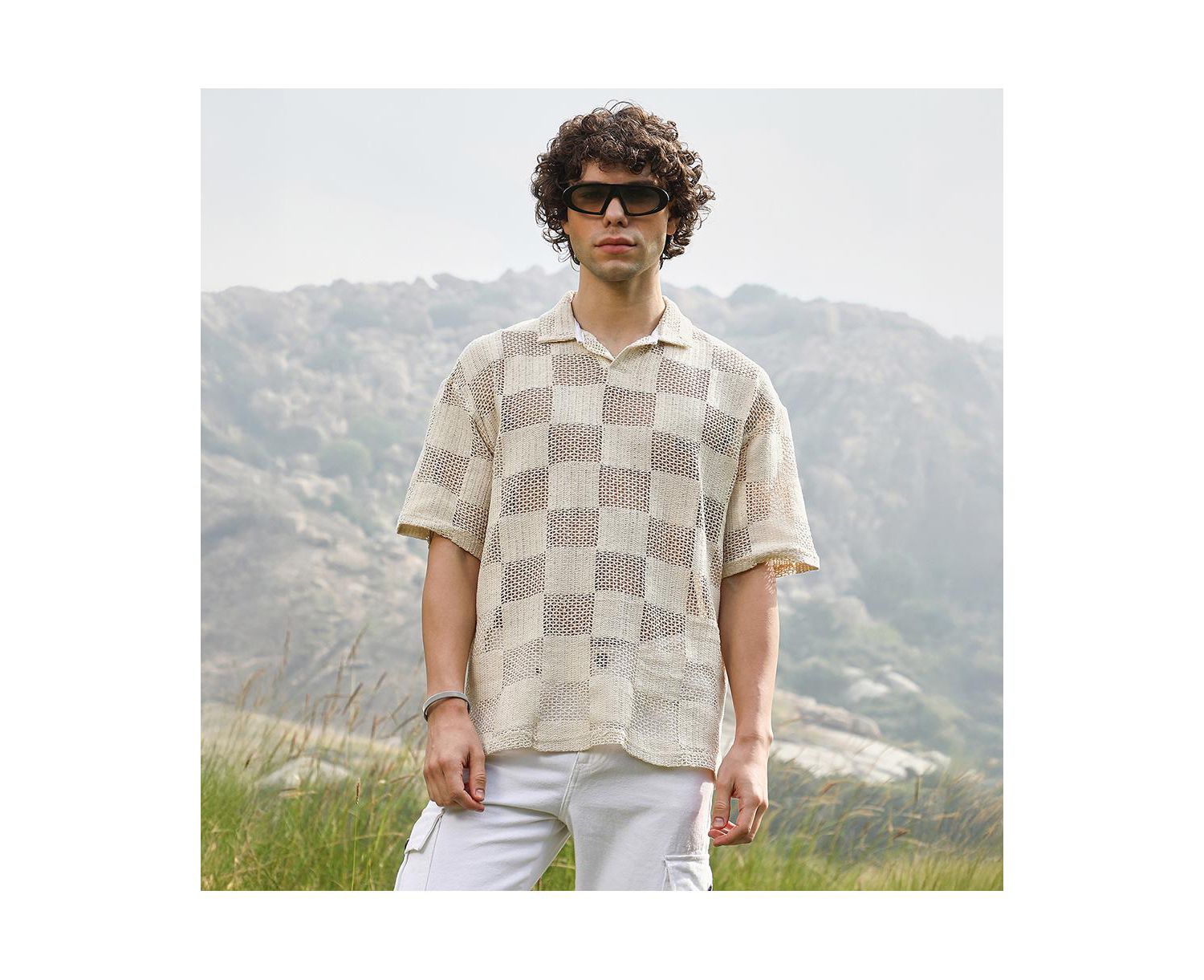 Men's Off-White Grid Oversized Polo T-Shirt