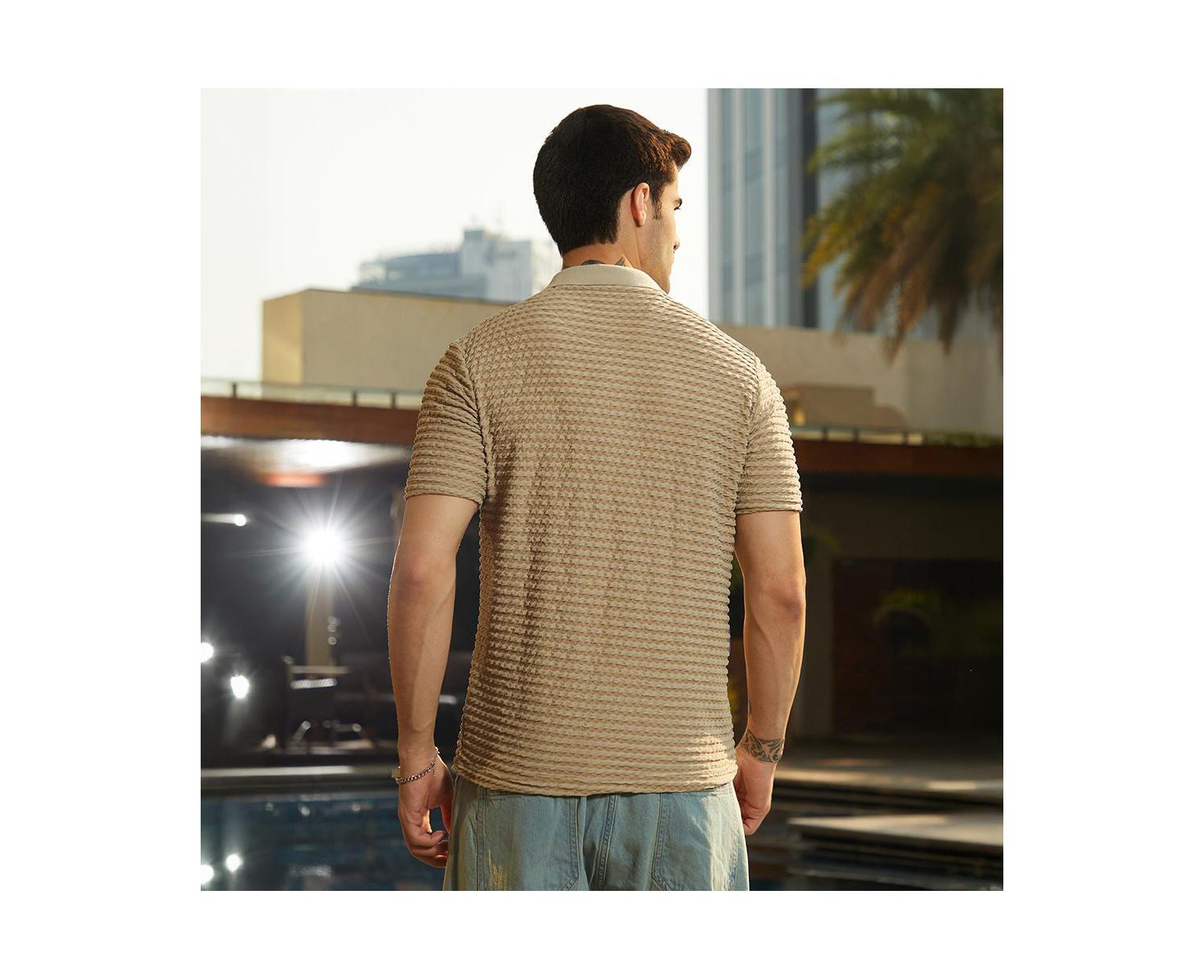 Men's Ash Brown Crease-Tactile Cuban Polo T-Shirt