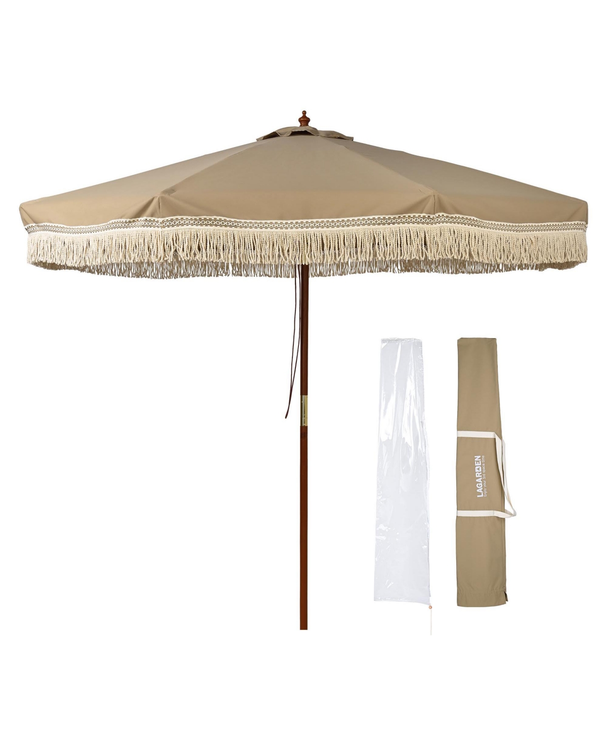 Boho 9' Fringe Patio Umbrella with Tassels UPF50+ Boho Style 5-Year-Non-Fading for Outdoor Yard Market Mocha Meander - Mocha