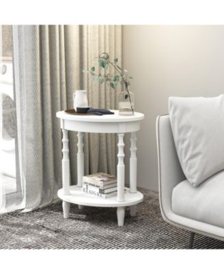 2-Tier Oval Side Table with Storage Shelf and Solid Wood Legs