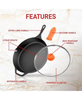 12'' Pre-Seasoned Cast Iron Pan with Glass Lid & Silicone Handle NCCI12 - Gray Iron