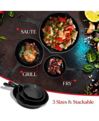 Cast Iron Skillet 3 Pieces Set - 6'' 8'' 10'' - Pre-Seasoned Cooking Pans