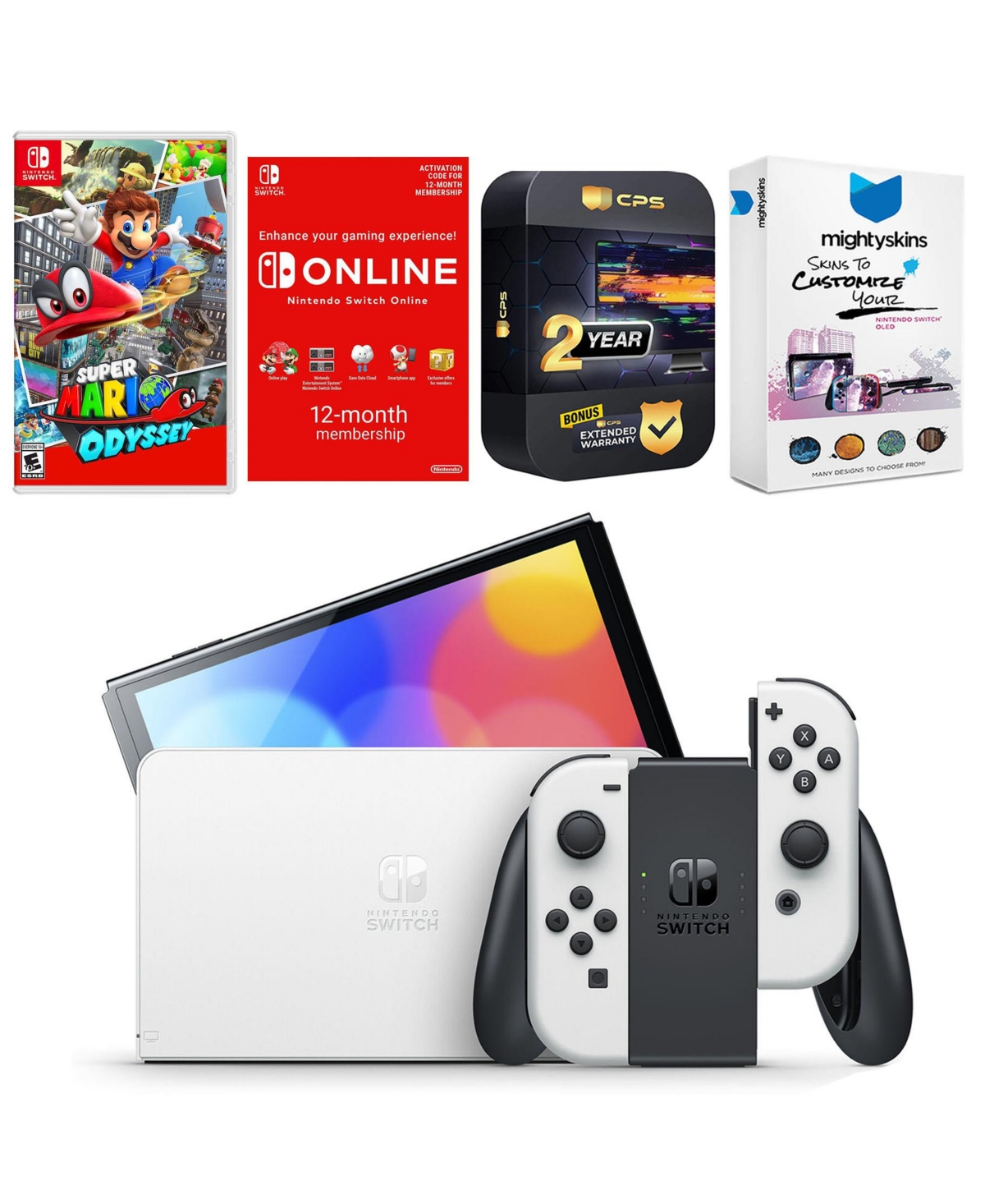 Nintendo Switch White Oled Console with Super Mario Odyssey, Nso 12 Month Family Membership, MightySkins Console and Controller Skin Voucher, and 2 Ye