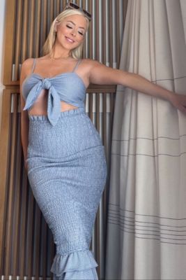 Women's Green Gingham Print Smocked Fitted Self-Tie Maternity Midi Dress