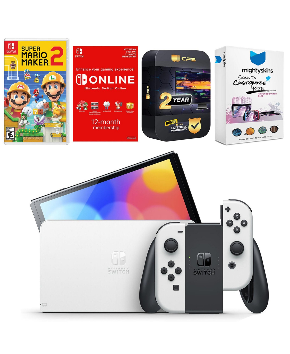 Nintendo Switch White Oled Console with Mario Maker 2 , Nso 12 Month Family Membership, MightySkins Console and Controller Skin Voucher