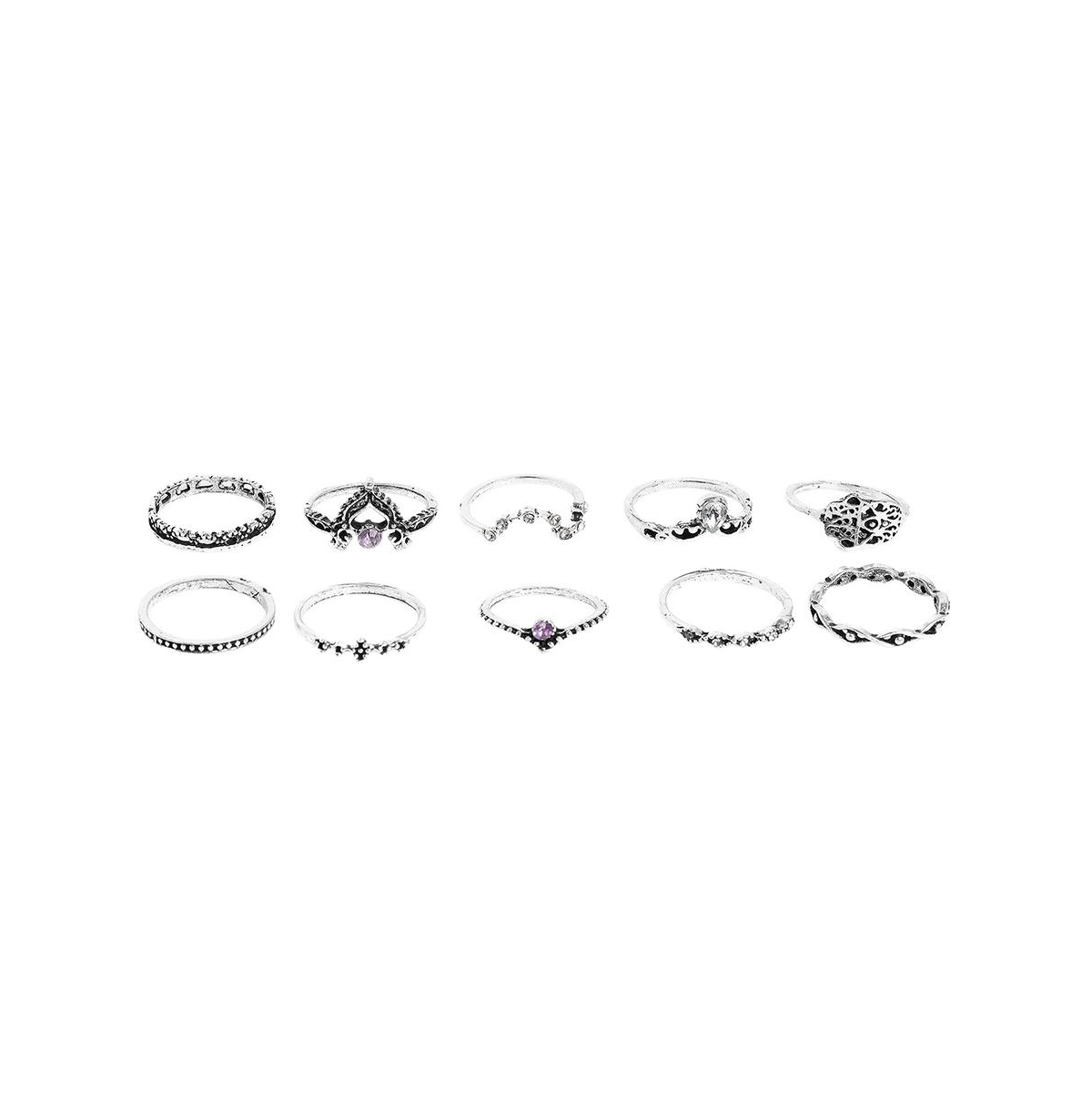 Oxidised Set Of 10 Multi-Layer Rings - Silver