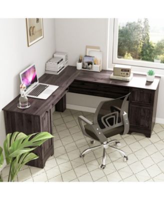 L-Shaped Office Desk with Storage Drawers and Keyboard Tray