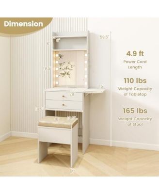 Compact Vanity Desk Set with 3-Color Lighted Mirror and Power Outlets