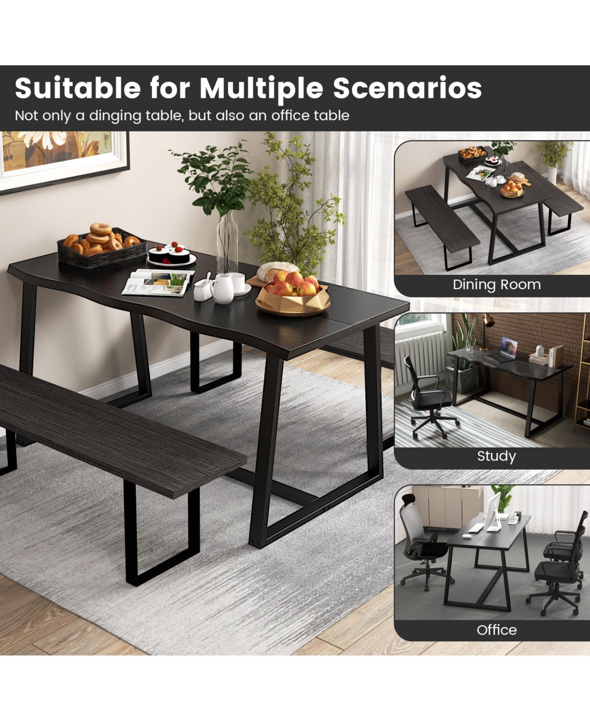 63" Large Dining Table with Wavy Edge and Heavy-duty Metal Frame
