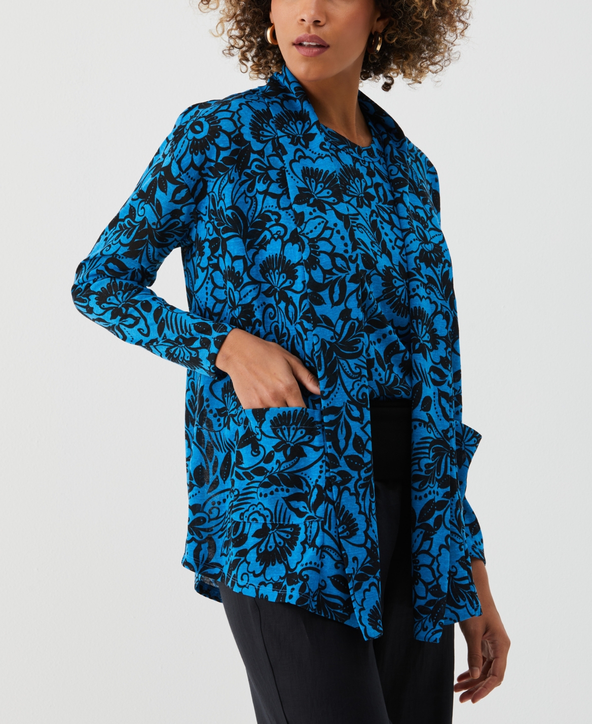 Shop Ella Rafaella Petite Eco Floral Print Roll Collar Draped Long Sleeve Cardigan Sweater