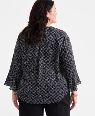 Plus Size Printed V-Neck Ruffle-Cuff Blouse, Exclusively at Macy's 