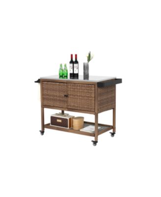 Wicker Bar Cart with Glass Top & Wheels