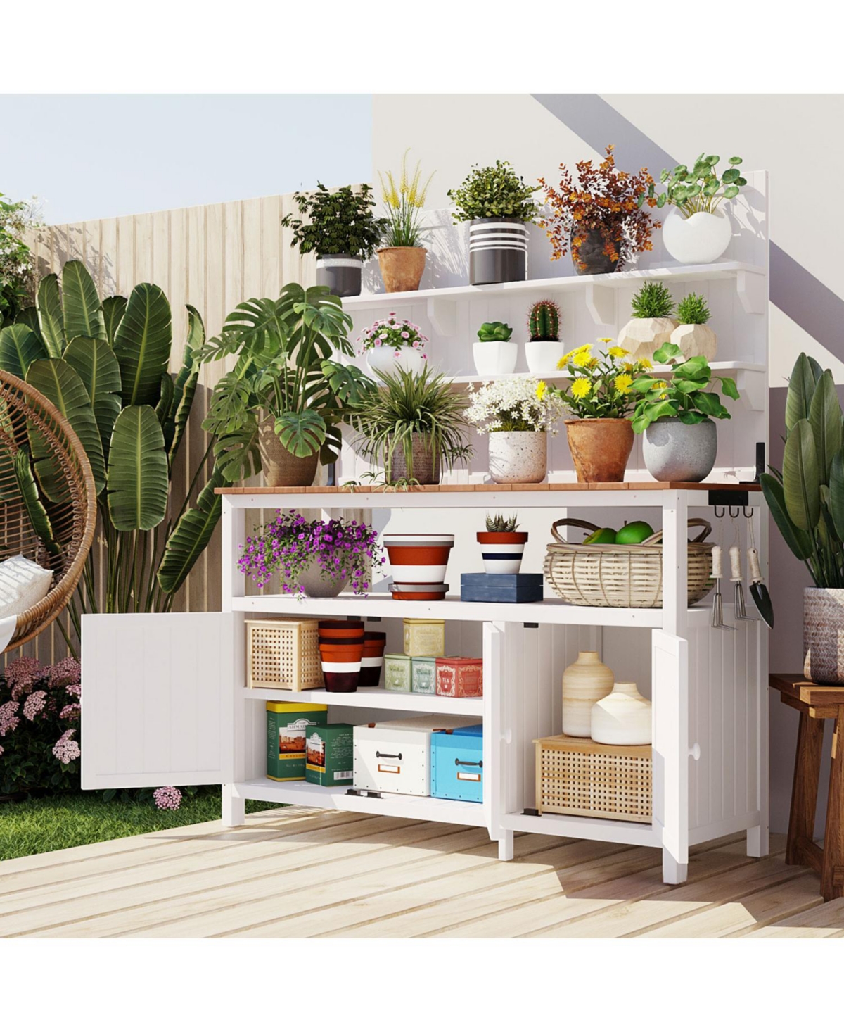 Fir Wood Potting Bench with Hutch - White