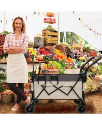 Folding Wagon Cart - Rotating Handle, All-Terrain Wheels, Khaki-Gray
