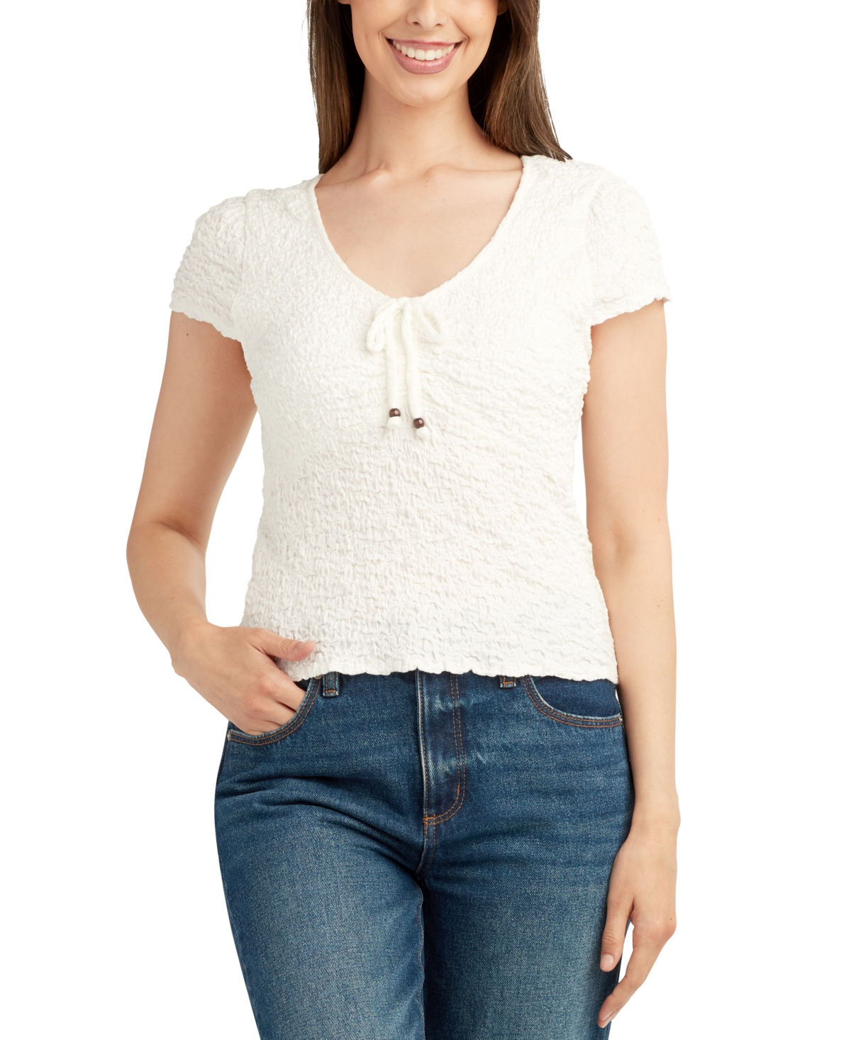 Juniors' Textured Knit Cap-Sleeve Top - Ivory