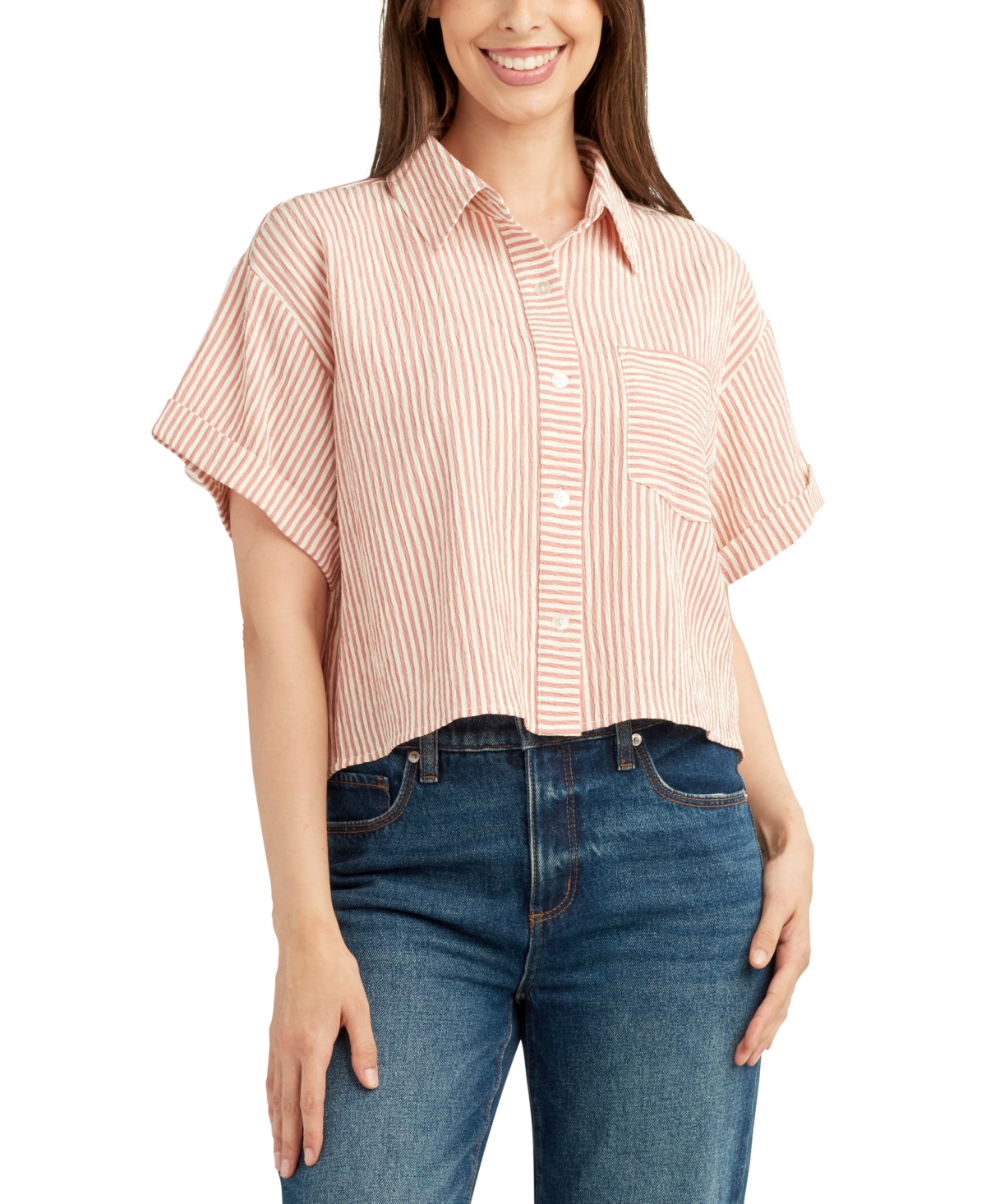 Juniors' Striped Cropped Oversized Top - Apricot