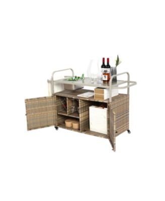 Wicker Bar Cart with Ice Bucket & Steel Top