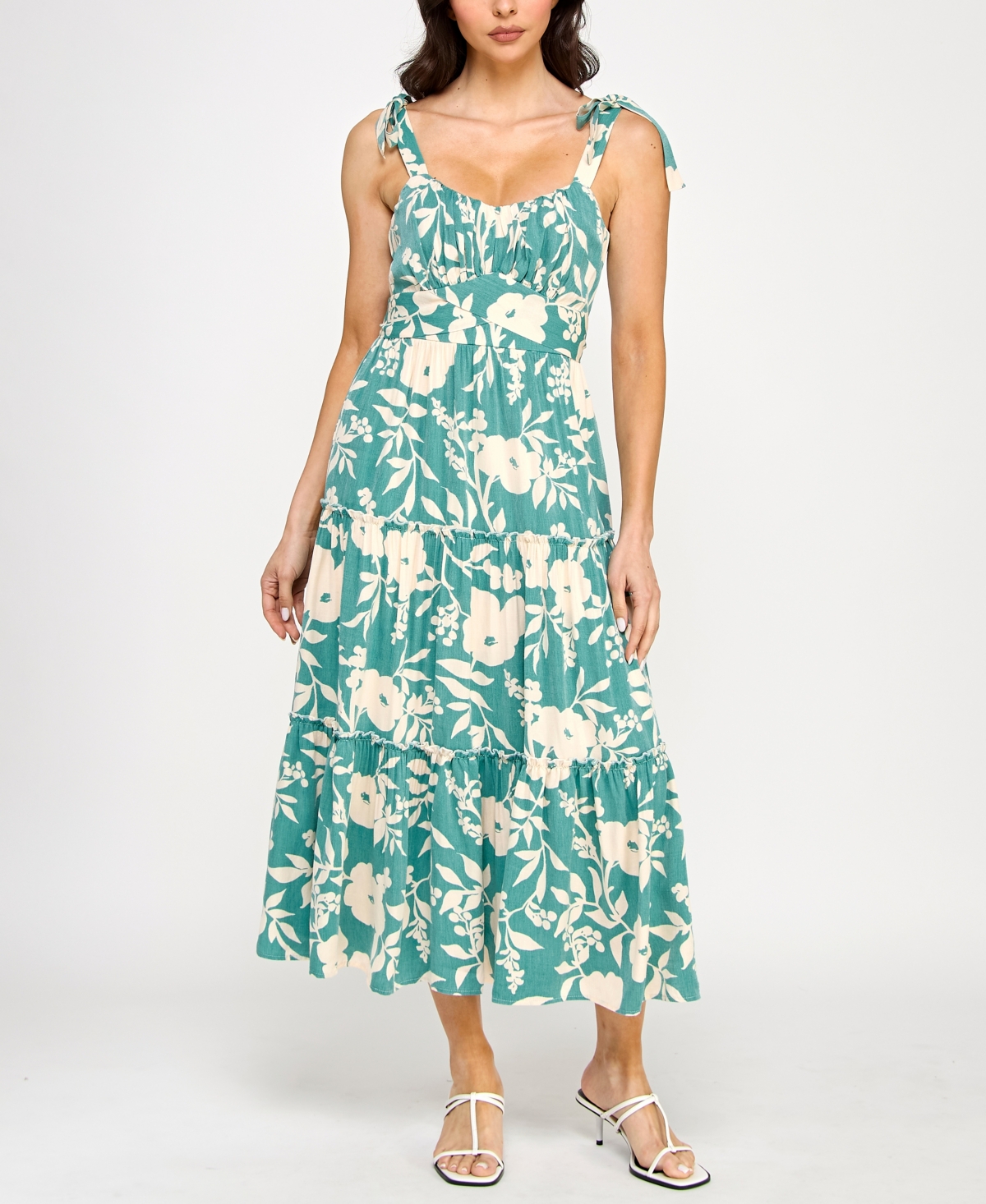 Juniors' Printed Ruffled Sleeveless Midi Dress - Green white