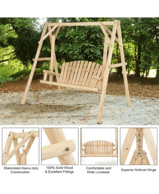 Wooden Porch Swing Outdoor Patio Rustic Torched Log Curved Back Bench A-Frame