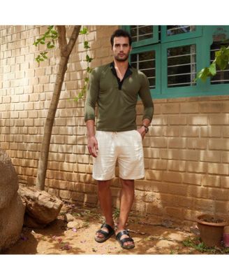 Men's Olive Green & Obsidian Black Textured Cuban Polo T-Shirt