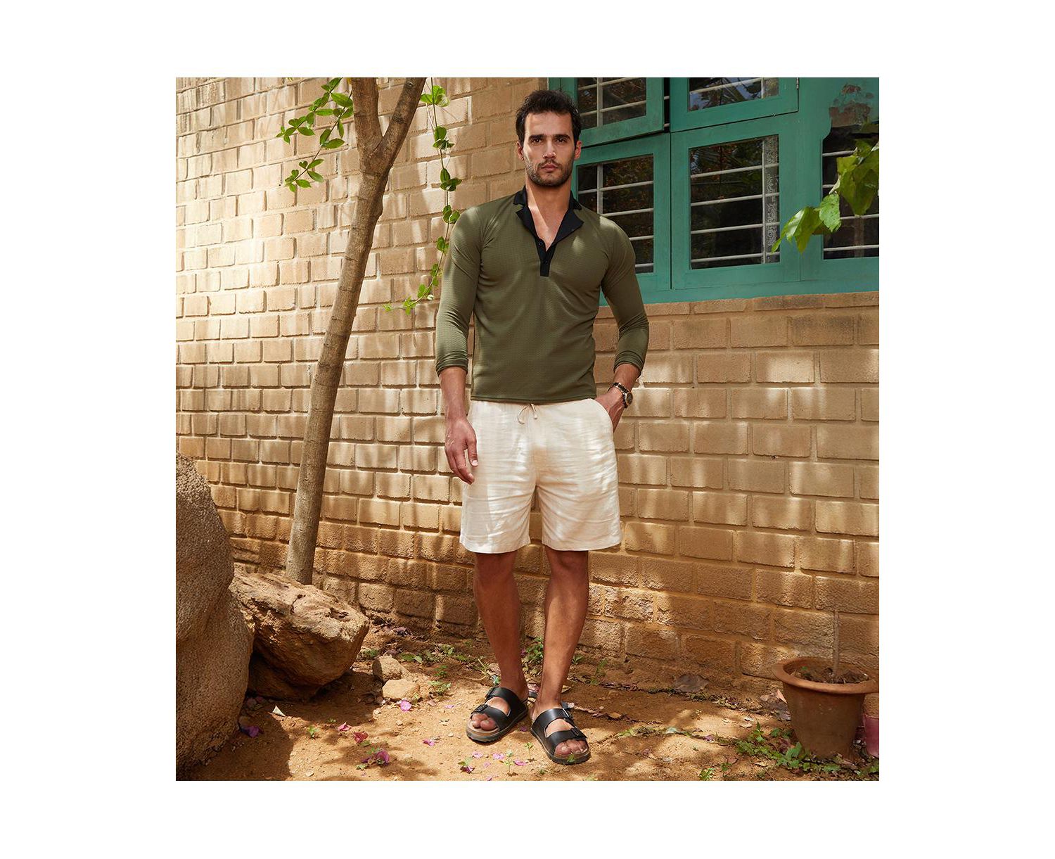 Men's Olive Green Obsidian Black Textured Cuban Polo T-Shirt