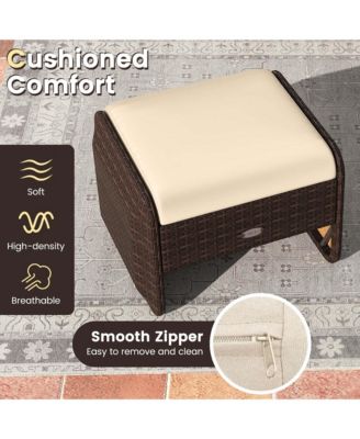 2 Pieces Outdoor Patio PE Wicker Ottomans with Removable Cushions Footstools