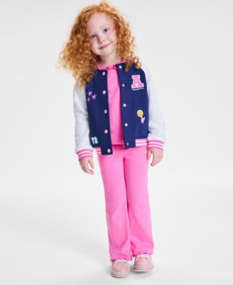 Toddler Girls Knit Bomber Jacket, Ribbed Short-Sleeve T-Shirt & Flared Leggings