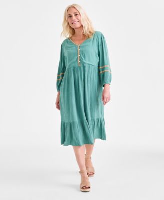 Style & Co - Women's V-Neck 3/4-Sleeve Tiered Midi Dress
