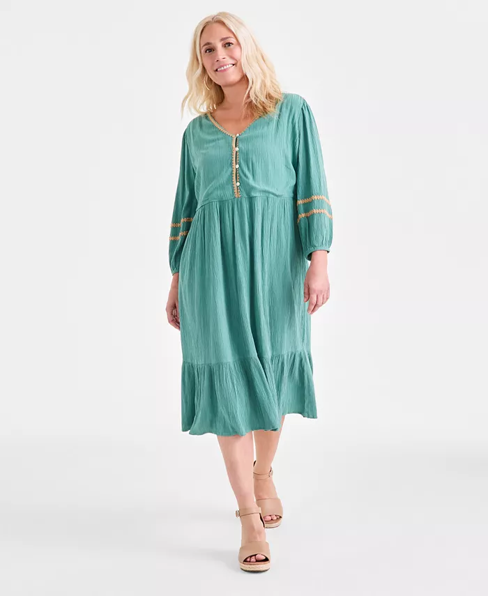 Women's V-Neck 3/4-Sleeve Tiered Midi Dress - thumbnail 6