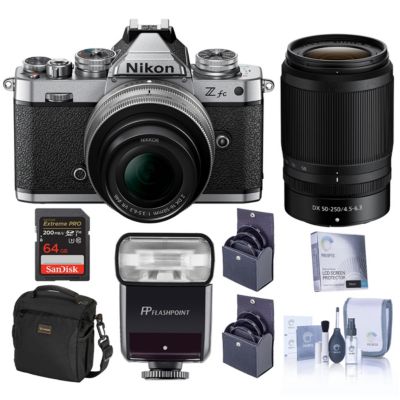 Z fc DX-Format Mirrorless Camera with 16-50mm f/3.5-6.3 Lens, Silver and 50-250mm f/4.5-6.3 Lens, Bundle with Zoom-Mini TTL R2 Flash, 64GB Memory Card, Bag, 62mm and 46mm Filter Kit