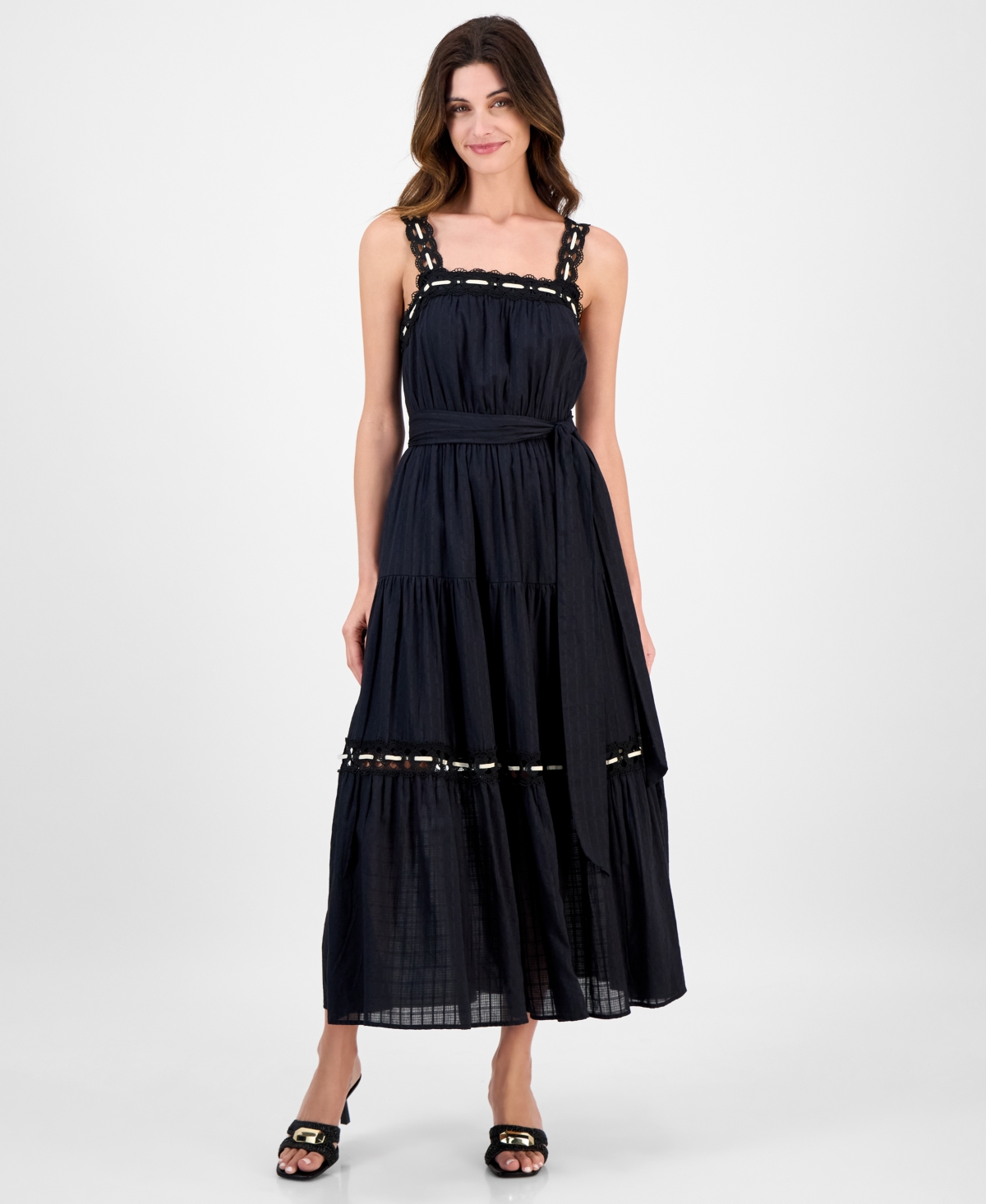 Women's Lace-Trim Cotton Sleeveless Midi Dress - Black/White