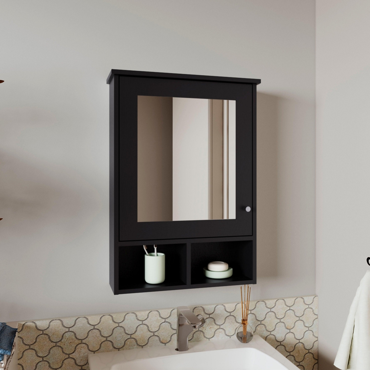 Anamoose Medicine Cabinet with 5 Shelves, 1 Door, and 1 Mirror, Black Wengue - Black