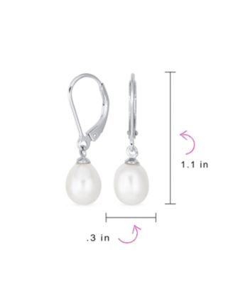 Simple CZ Accent Pear Shape Freshwater Cultured Pearl Teardrop Dangle Earrings Sterling Lever back