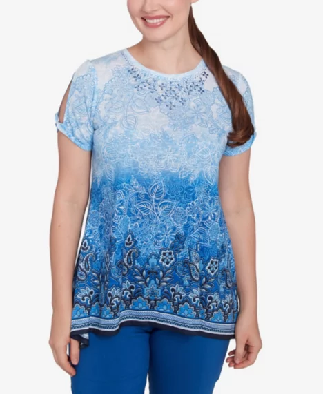 Petite Crystal Ombre Cold Shoulder Crew Neck T-Shirt - Pale sky multi