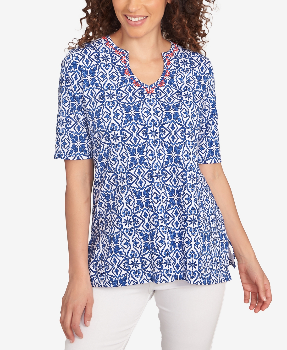 Petite Pacific Medallions Embellished Knit Top - Blue multi