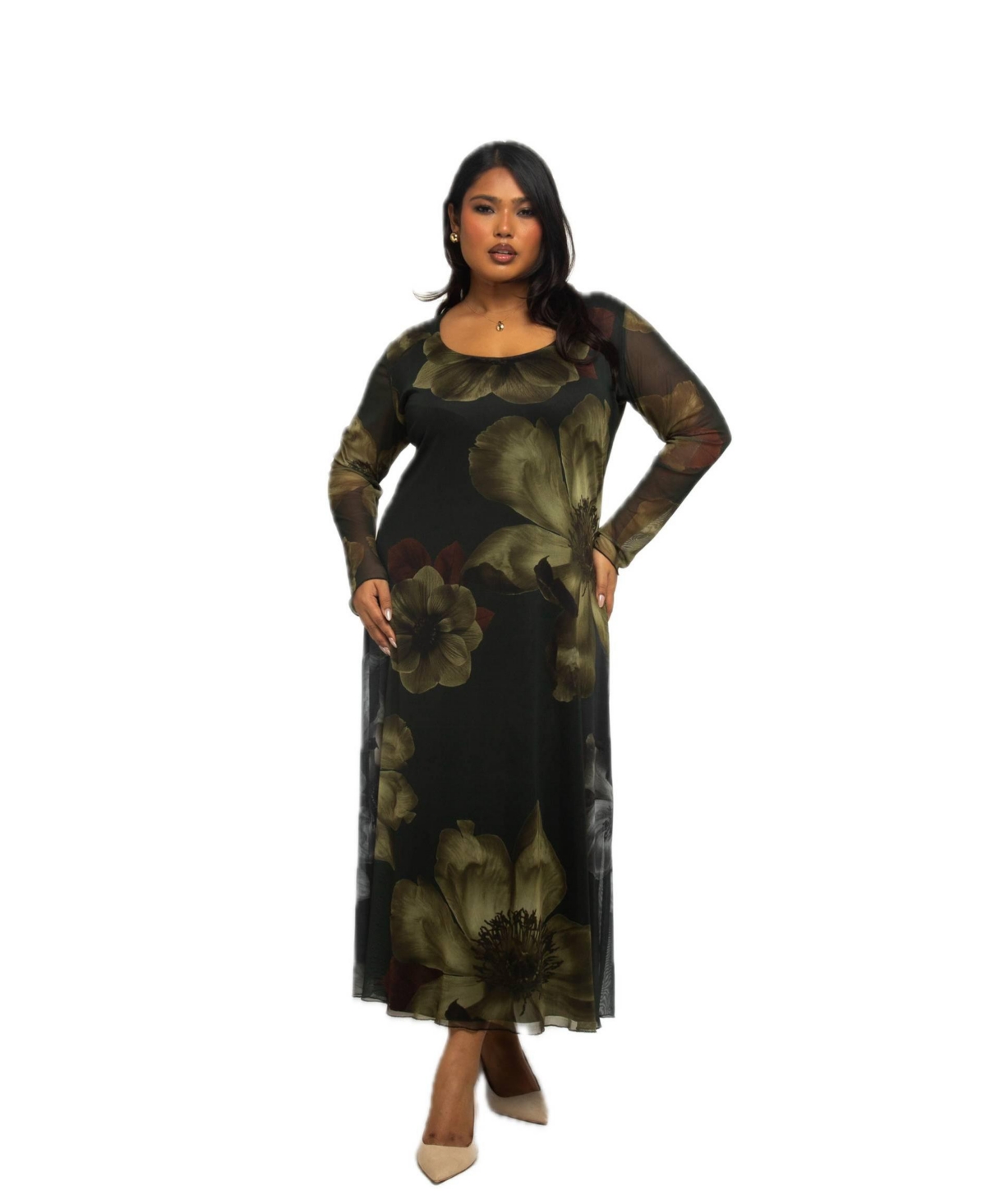 Plus Size Long Sleeve Floral Print Midaxi Dress - Khaki