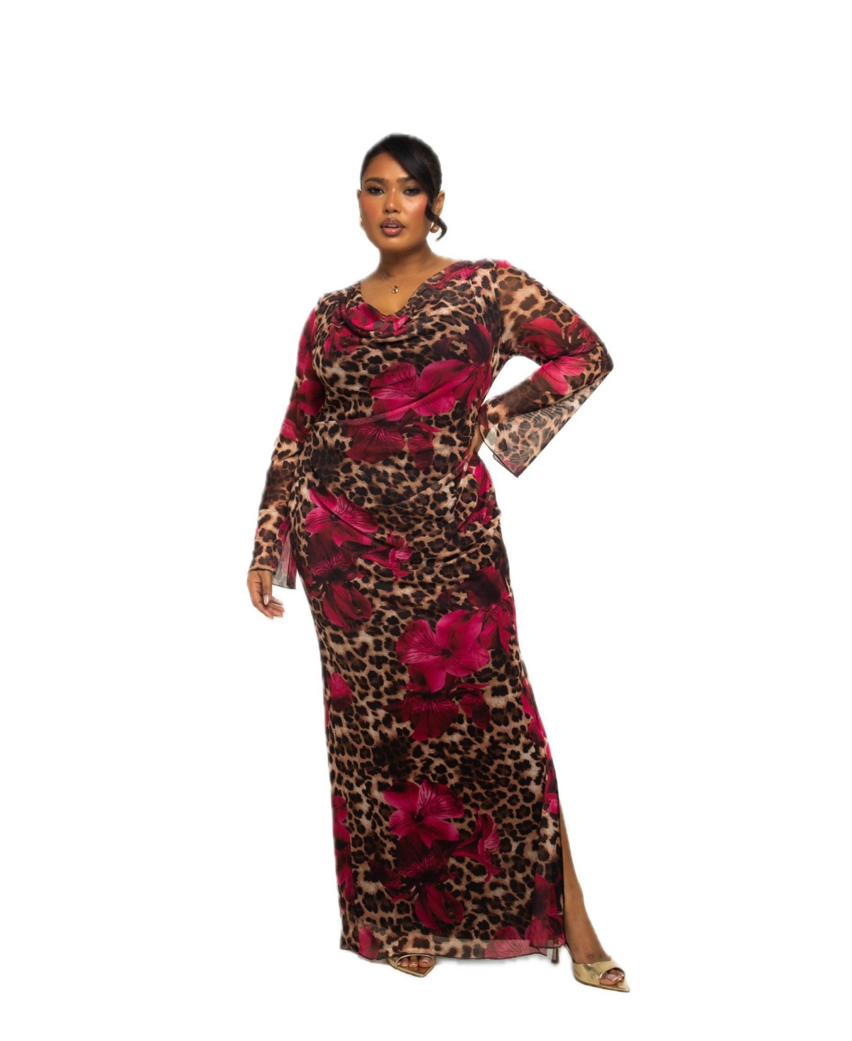 Plus Size Leopard Print Mesh Maxi Dress - Brown