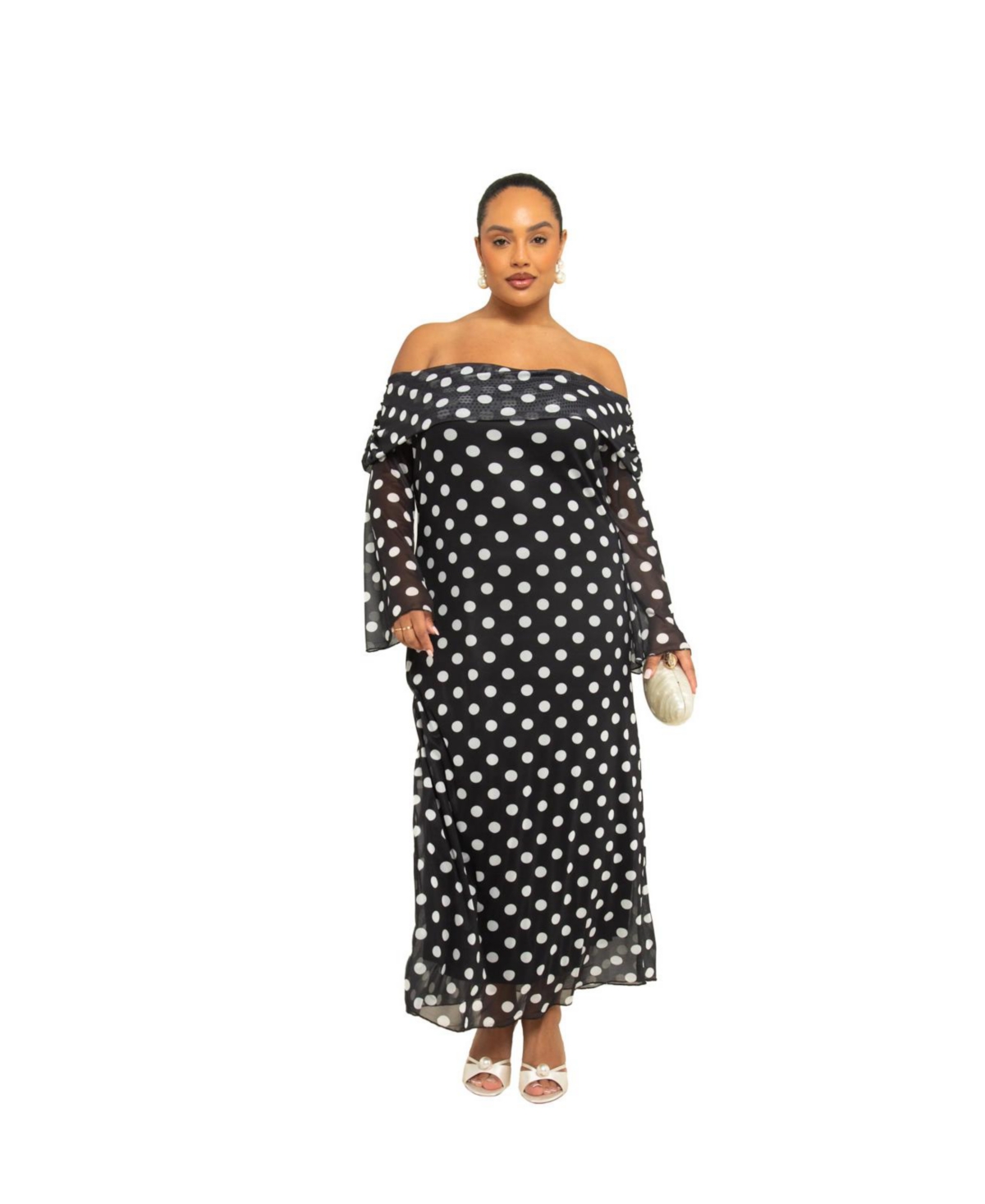 Plus Size Mesh Polka Dot Long Sleeve Midi Dress - Black