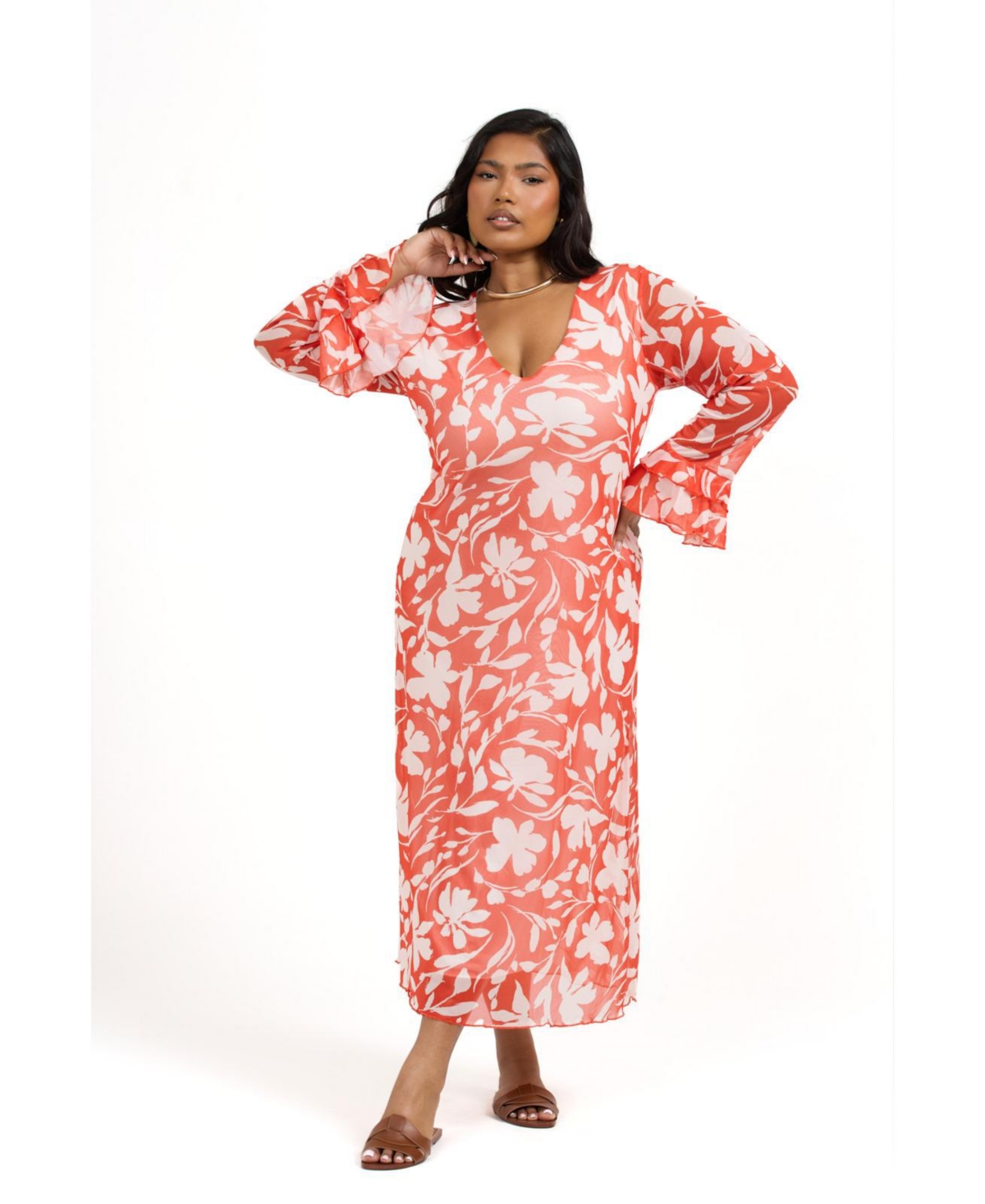 Plus Size Long Sleeve Mesh Floral Midi Dress - Orange