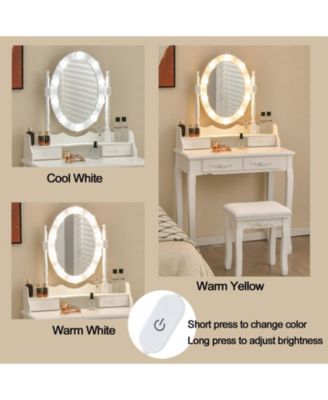 2-Pc MDF 4 Drawers & Dual-Use Desk Makeup Dressing Table with LED Touch Mirror & Cushioned Stool