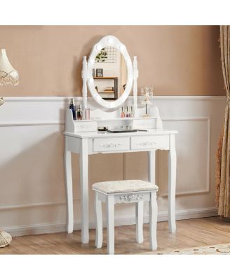 2-Pc. MDF Dimmable Bulb Lighted Vanity Dressing Table Set with Cushioned Stool