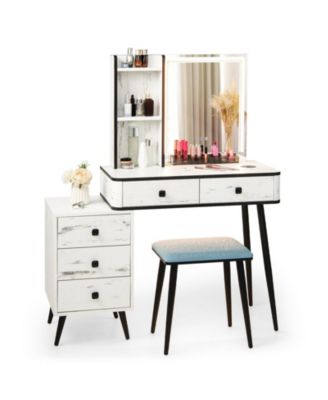 2Pc MDF And Stell Lighted Mirror Vanity Makeup Table Set