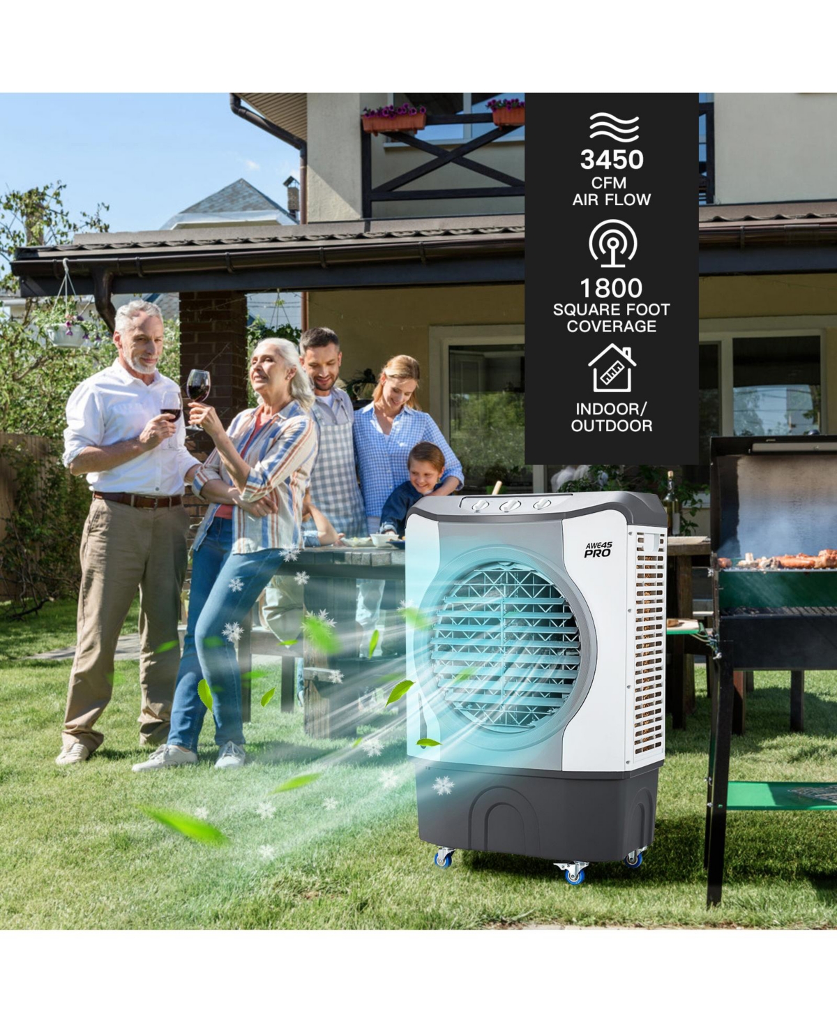 4-in-1 Industrial Evaporative Air Cooler Fan with 45 L Tank and Wheels