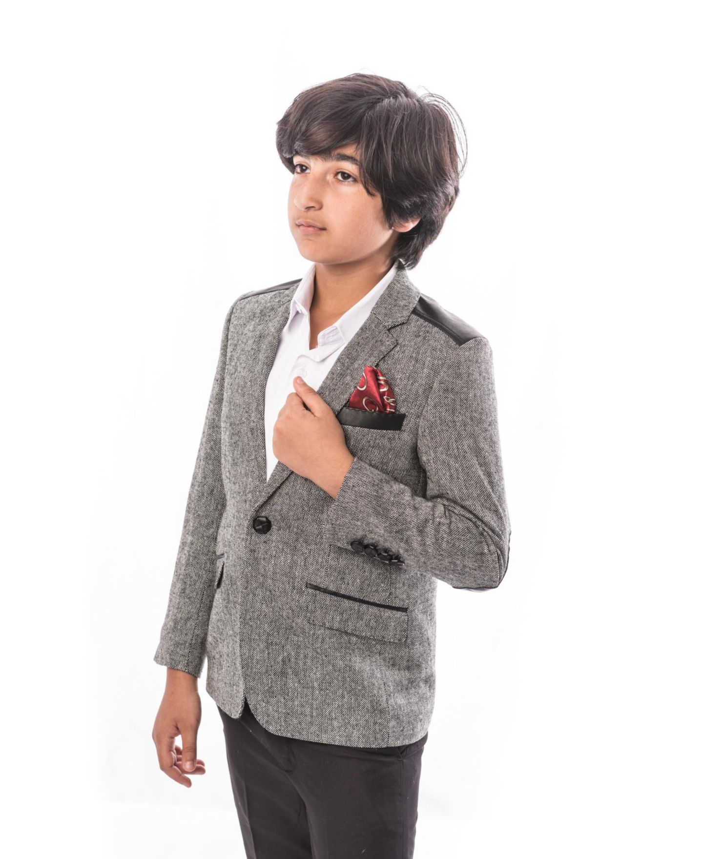 Детский пиджак Elie Balleh Toddler Grey Slim Fit Tweed & Faux Leather Blazer, цвет: Серый — фото 1