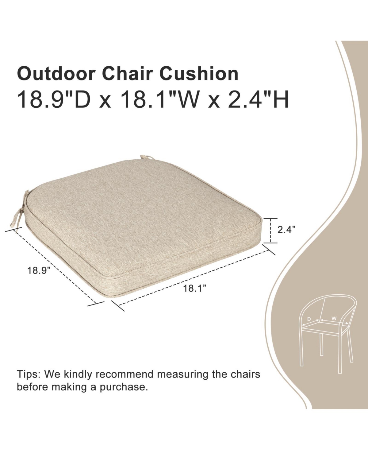 Aoodor Outdoor Dining Chair Cushions Set of 4, Waterproof Patio Furniture Seat Cushions, Pads with Ties, 18 x 19 inch