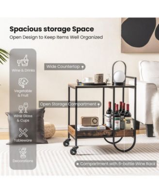 Rolling Buffet Serving Cart with Removable Metal Wire Wine Rack