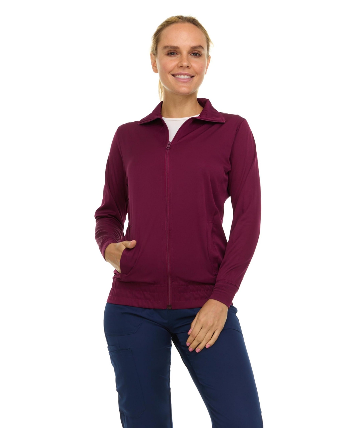 Women's Scrub Jackets for Woman, Zip Front Nurse Jacket, 4-Way Stretch Fabric Warm Up Coat Wine X Large - Wine
